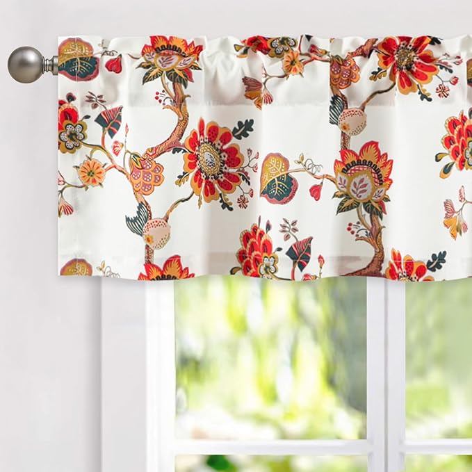 Leeva Farmhouse Floral Linen Valances for Kitchen Windows - Light Filtering Short Curtain with Rod Pocket, Rustic Decorative Valance for Cafe & Living Room, 52x12 Inches