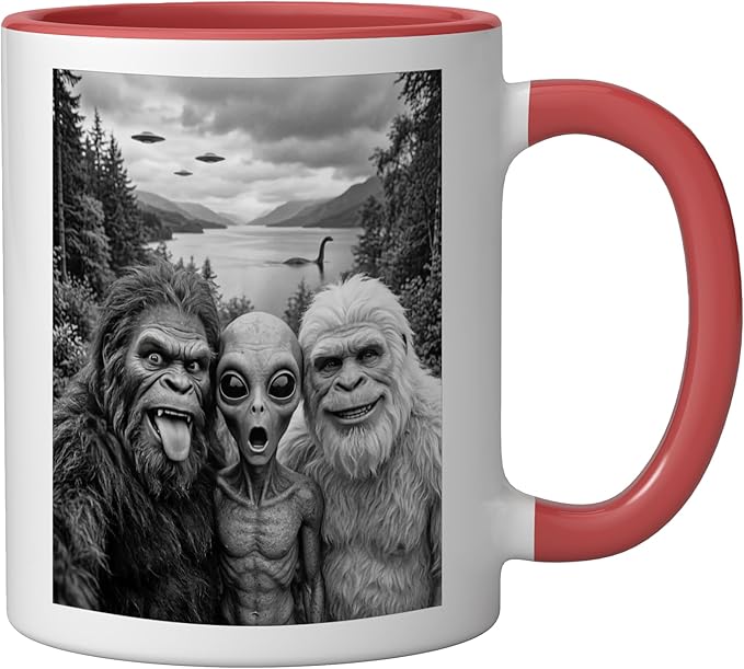 Bigfoot Alien Loch Ness Monster UFO Selfie Funny Cryptid Art Ceramic Mug, Red/White