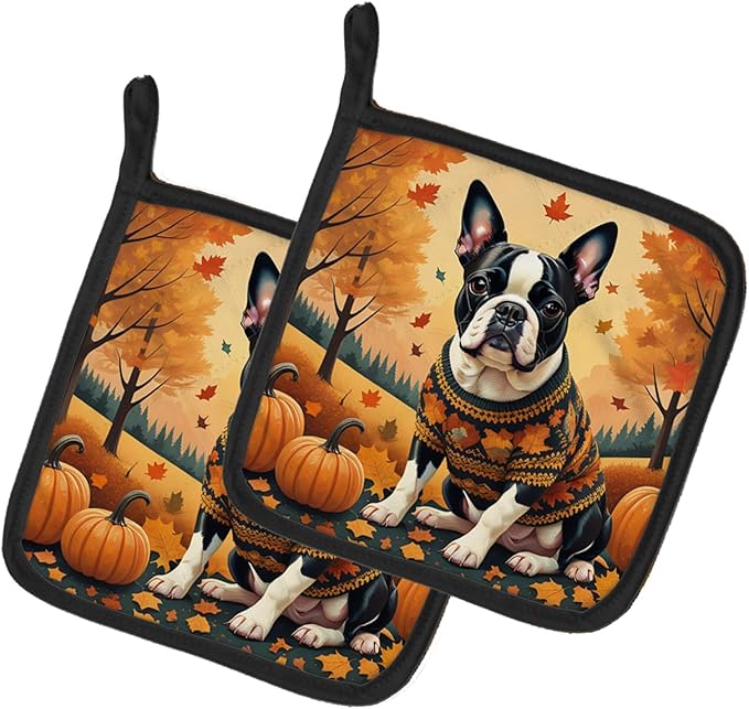 Caroline's Treasures DAC1024PTHD Boston Terrier Fall Pair of Pot Holders Kitchen Heat Resistant Pot Holders Sets Oven Hot Pads for Cooking Baking BBQ, 7 1/2 x 7 1/2