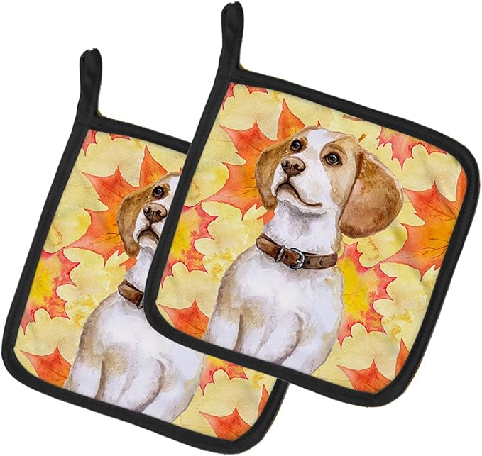 Caroline's Treasures BB9947PTHD Beagle Fall Pair of Pot Holders, Yellow Kitchen Heat Resistant Pot Holders Sets Oven Hot Pads for Cooking Baking BBQ, 7 1/2 x 7 1/2