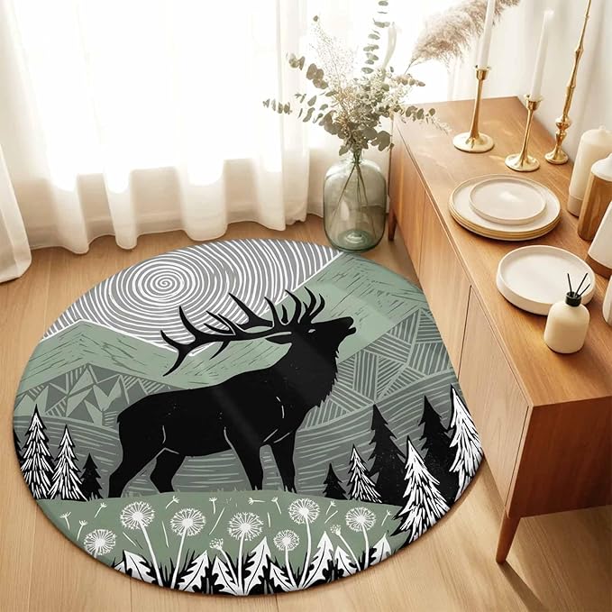 Washable Round Area Rug Black Wildlife Elk Circle Rugs Floor Carpet for Living Room Bedroom, Bohemian Green Mountain Peaks Soft Non Slip Round Rug 3ft