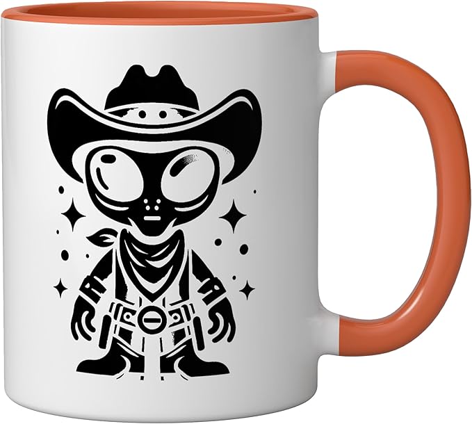 Alien Lover Flying Saucer UFO Extraterrestrial Cowboy Ceramic Mug, Orange/White