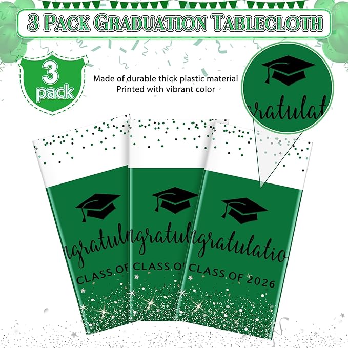 3 Pack Class of 2026 Graduation Tablecloths,Foil Dot Plastic Disposable Rectangle Table Covers for 2026 High School University College Graduation Party Decorations,108*54 Inch (Green and Black)