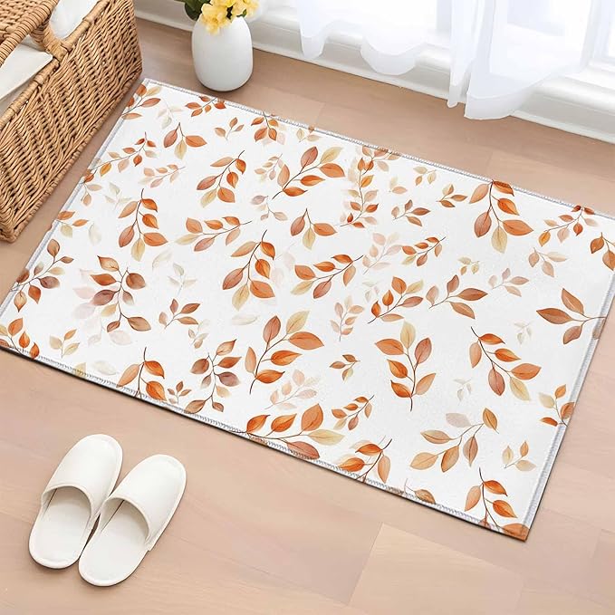 Area Rug 2x3ft, Autumn Orange Leaf Botanical Washable Rugs for Living Room Bedroom, Abstract Vine Pattern Soft Non-Slip Area Rugs Rectangle Floor Carpet for Dining Room
