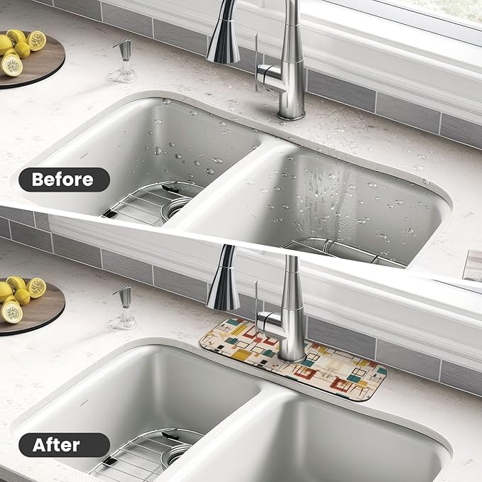 Mid Century Modern Printed Faucet Absorbent mat, Suitable for bathrooms, Kitchens, and Other Sink Areas.