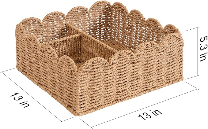 Rattan Divided Scalloped Basket,Wicker Diaper Caddy Scalloped Baske,Woven Natural Basket with 4 Dividers,Suitable for Baby Rooms, Bathrooms, Bedrooms (Paper Rope)