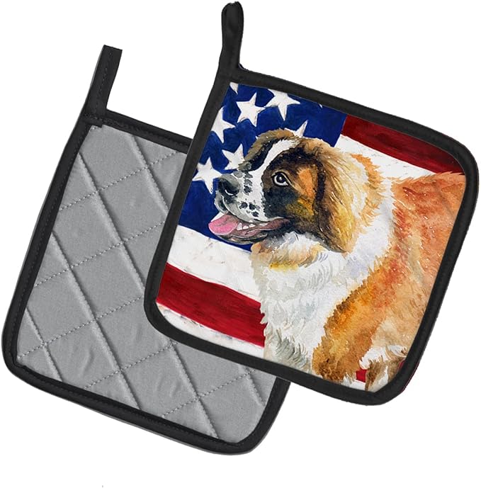 Caroline's Treasures BB9679PTHD Saint Bernard Patriotic Pair of Pot Holders Kitchen Heat Resistant Pot Holders Sets Oven Hot Pads for Cooking Baking BBQ, 7 1/2 x 7 1/2