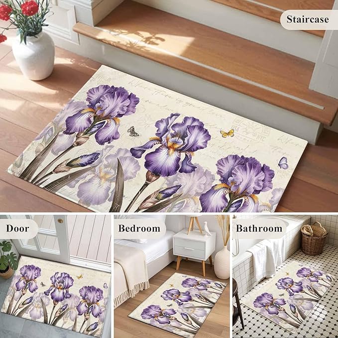 Area Rug 2x3ft, Pastoral Purple Flower Watercolor Washable Rugs for Living Room Bedroom, Country Botanical Butterflies Soft Non-Slip Area Rugs Rectangle Floor Carpet for Dining Room