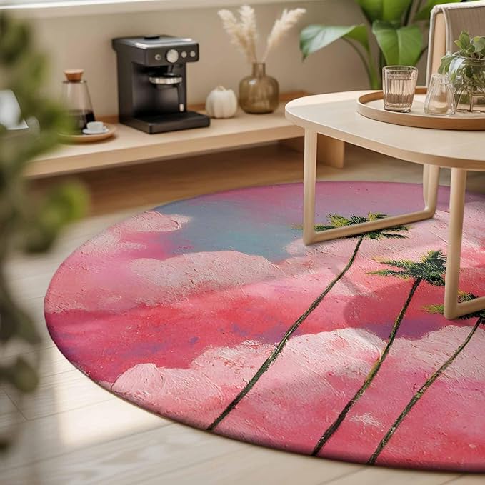 Washable Round Area Rug Summer Dreamy Pink Cloud Circle Rugs Floor Carpet for Living Room Bedroom, Watercolor Tropical Palm Tree Soft Non Slip Round Rug 3ft
