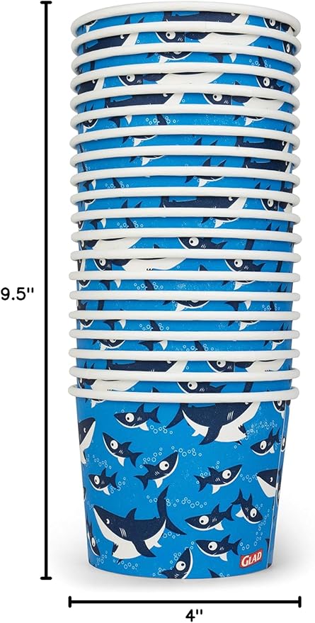 Glad for Kids Shark Paper Snack Bowls, Lids Not Included - Heavy Duty, Soak-Proof, Microwavable Kid-Friendly Disposable Snack Cups, No Lids Included, 12 Ounce, 20 Count