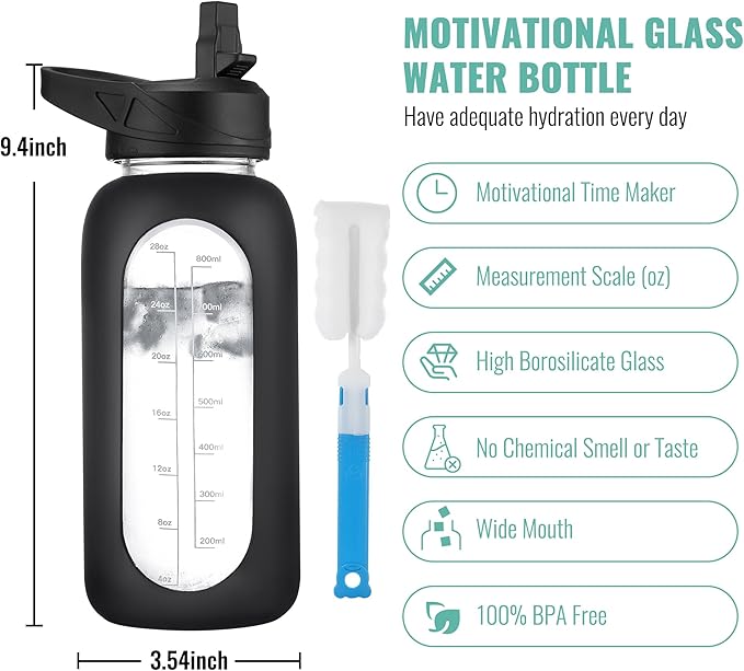 CIVAGO 32 oz Glass Water Bottle with Straw and Handle, Large Sports Motivational Water Bottle Flask with Time Marker and 2 Lids, Leakproof Water Jug Canteen with Silicone Sleeve for Gym,Mauve