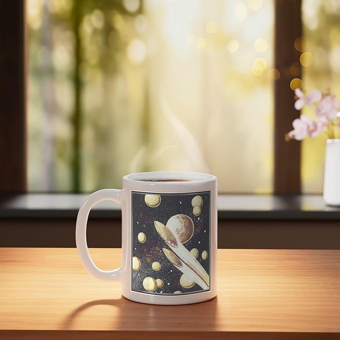 Retro Sci-Fi UFOs Flying Saucers Through Space Ceramic Mug, White