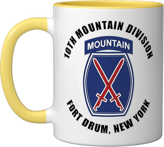 10th Mountain Division Fort Drum New York Veteran Ceramic Mug, Yellow/White