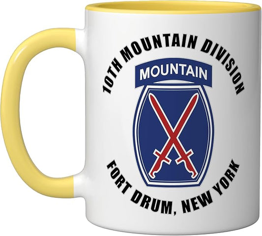 10th Mountain Division Fort Drum New York Veteran Ceramic Mug, Yellow/White
