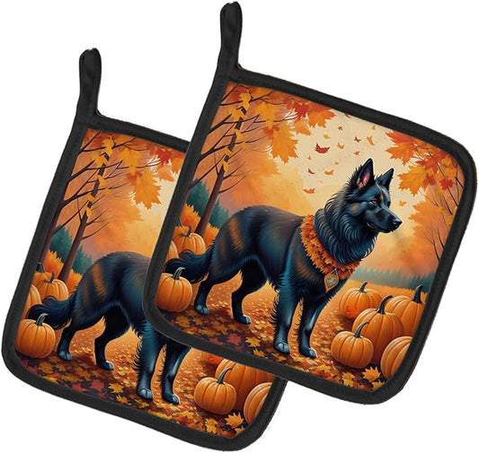 Caroline's Treasures DAC1017PTHD Belgian Sheepdog Fall Pair of Pot Holders Kitchen Heat Resistant Pot Holders Sets Oven Hot Pads for Cooking Baking BBQ, 7 1/2 x 7 1/2
