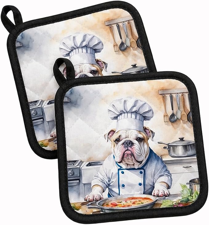 Caroline's Treasures English Bulldog The Chef Pair of Pot Holders Kitchen Heat Resistant Pot Holders Sets Oven Hot Pads for Cooking Baking BBQ, 7 1/2 x 7 1/2