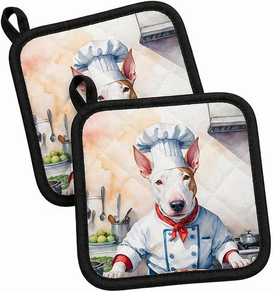 Caroline's Treasures Bull Terrier The Chef Pair of Pot Holders Kitchen Heat Resistant Pot Holders Sets Oven Hot Pads for Cooking Baking BBQ, 7 1/2 x 7 1/2