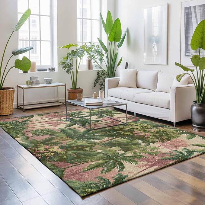 Area Rug 3x5ft, Exotic Forest Green Pink Palms Tree Washable Rugs for Living Room Bedroom, Vintage Botantical Soft Non-Slip Area Rugs Rectangle Floor Carpet for Dining Room