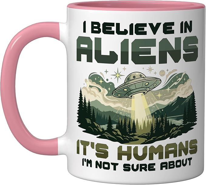 Alien Believer UFO Extraterrestrial Space Lover Ceramic Mug, Pink/White