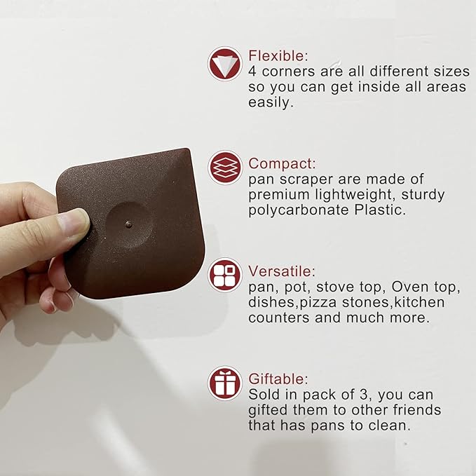 Plastic Pan Pot Dish Scraper Tool Set, Kitchen Nylon Food Scraper, Cast Iron Skillet Cleaner Pan Pot Scrubber, Kitchen Plastic Scrapper Non-Scratch (Brown)