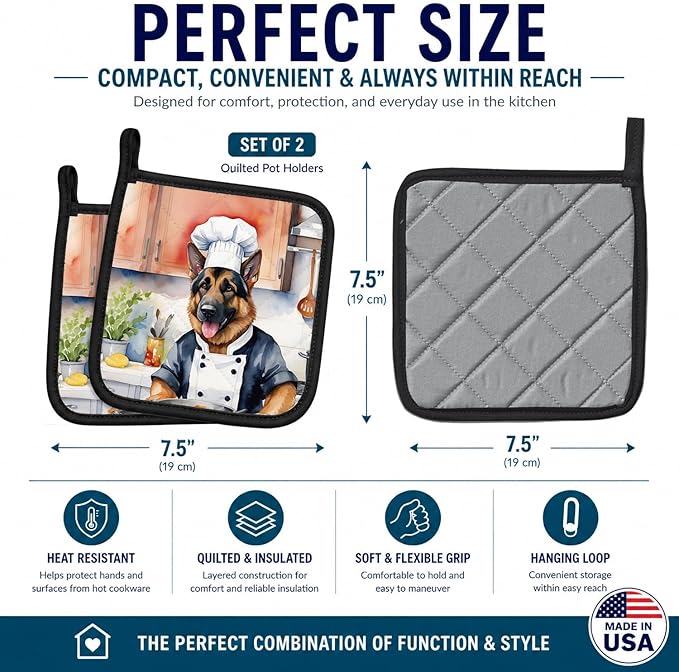 Caroline's Treasures German Shepherd The Chef Pair of Pot Holders Kitchen Heat Resistant Pot Holders Sets Oven Hot Pads for Cooking Baking BBQ, 7 1/2 x 7 1/2