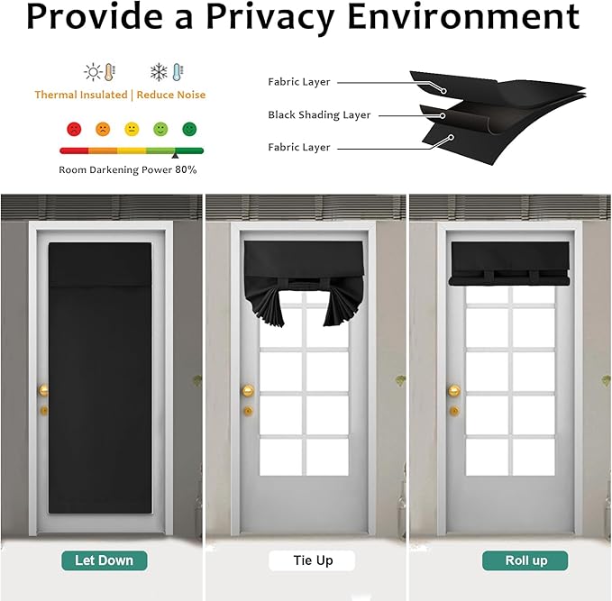 WdFour French Door Curtain - Blackout Thermal Insulated Door & Window Cover for Front/Side Doors - Noise Reducing & Energy Saving - Black, 30x80 Inches, 1 Panel