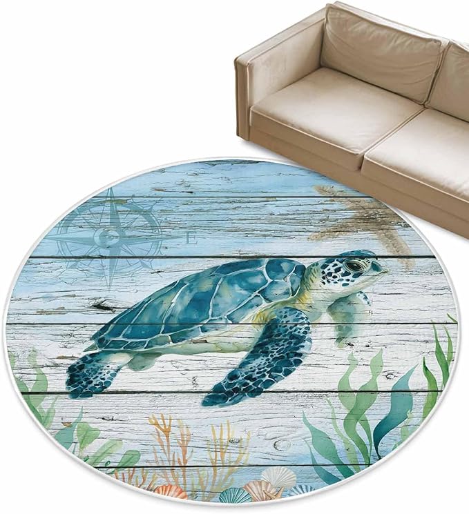Round Area Rug,Sea Turtle Seagrass Starfish Circle Living Room Rug Non-Slip Rugs Indoor Carpet,Nautical Compass Blue Gradient Soft Comfort Rugs for Bedroom KidsRoom Nursery