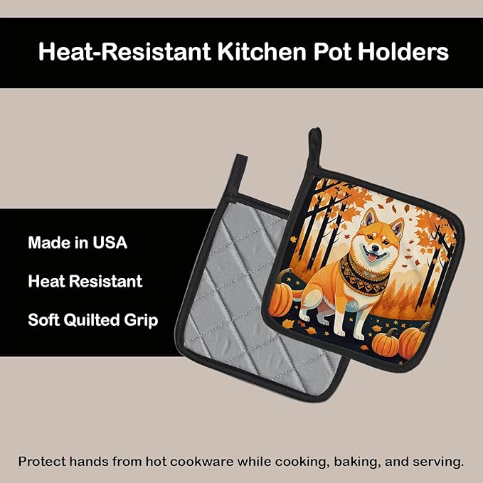Caroline's Treasures DAC1072PTHD Shiba Inu Fall Pair of Pot Holders Kitchen Heat Resistant Pot Holders Sets Oven Hot Pads for Cooking Baking BBQ, 7 1/2 x 7 1/2