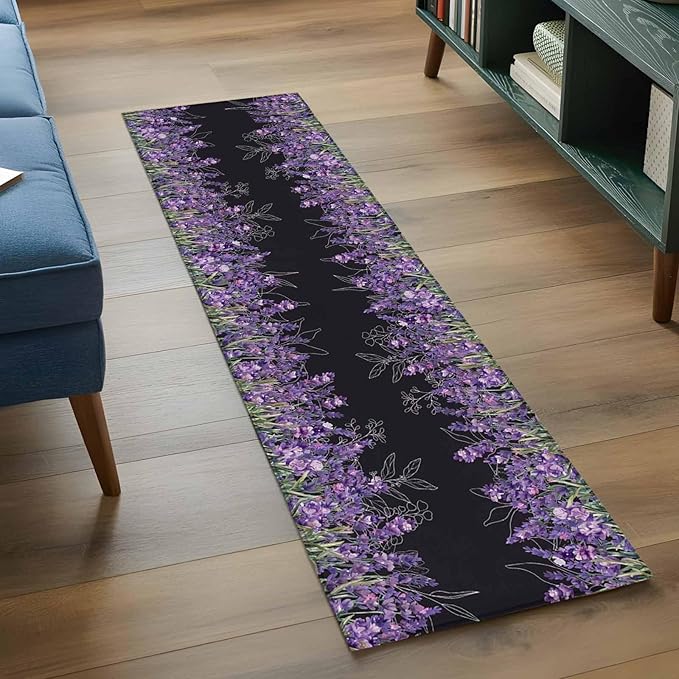 Runner Rug for Bedroom Hallway, Spring Purple Lavender Flower Kitchen Runner Rugs Area Rug 2x6ft, Watercolor Floral on Black Washable Soft Floor Carpet for Entryway Stair