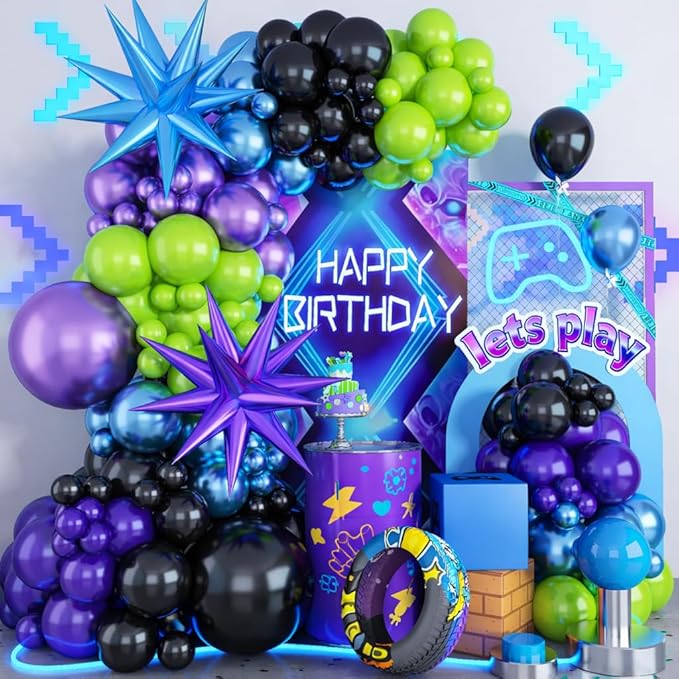 Blue Purple Balloon Garland Arch Kit, 104 PCS Metallic Purple Blue Black and Green Balloons with Star Balloons for Kids Boys Video Game Night Birthday Party Decorations