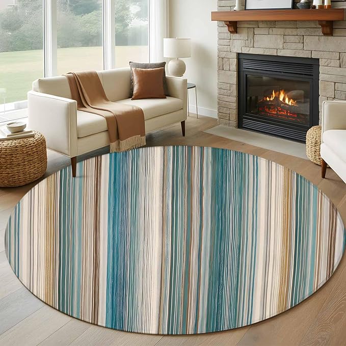Washable Round Area Rug Minimalist Vertical Stripes Circle Rugs Floor Carpet for Living Room Bedroom, Retro Boho Lines Soft Non Slip Round Rug 5ft