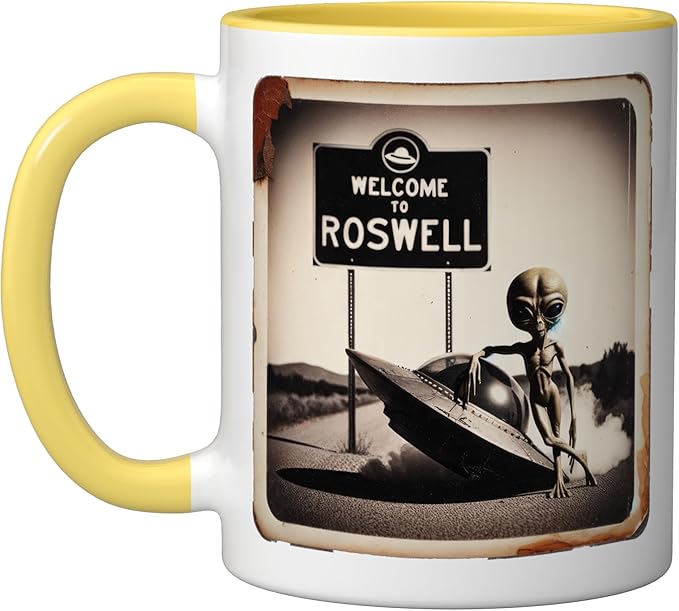 Vintage Alien UFO Crash At Roswell 1947 Photo Ceramic Mug, Yellow/White