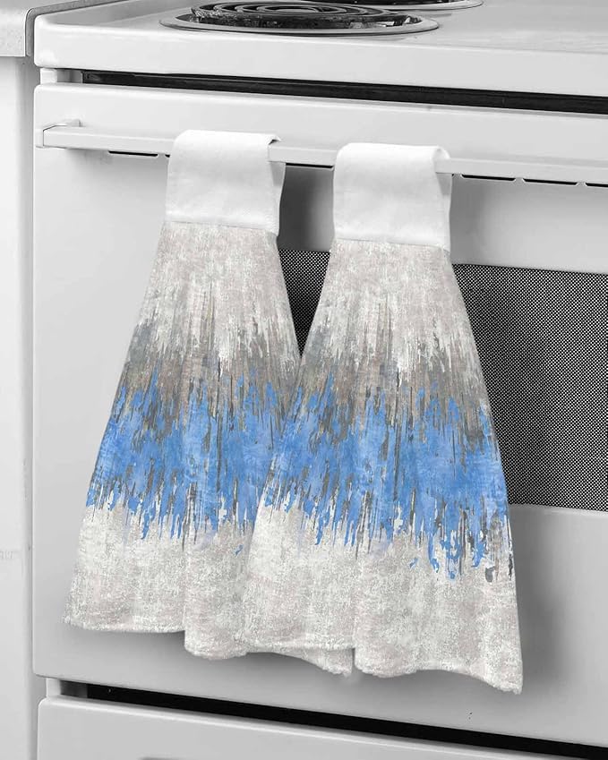 Alandar Home Kitchen Tie Towel Set of 2, Abstract Blue Grey Graffiti Absorbent Soft Hand Towels for Bathroom Hanging Towels, Modern Minimalist Style Fast Drying Cleaning Cloth with Loop