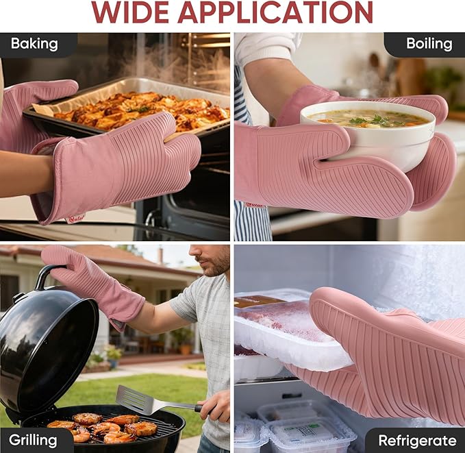 YUTAT Silicone Oven Mitts,High Heat Resistant Up to 500 Degrees,Waterproof Cooking Gloves with Soft Polyester Filling,Kitchen Potholder Set - Perfect for BBQ,Baking and Cooking,Pink,2 Pcs Set