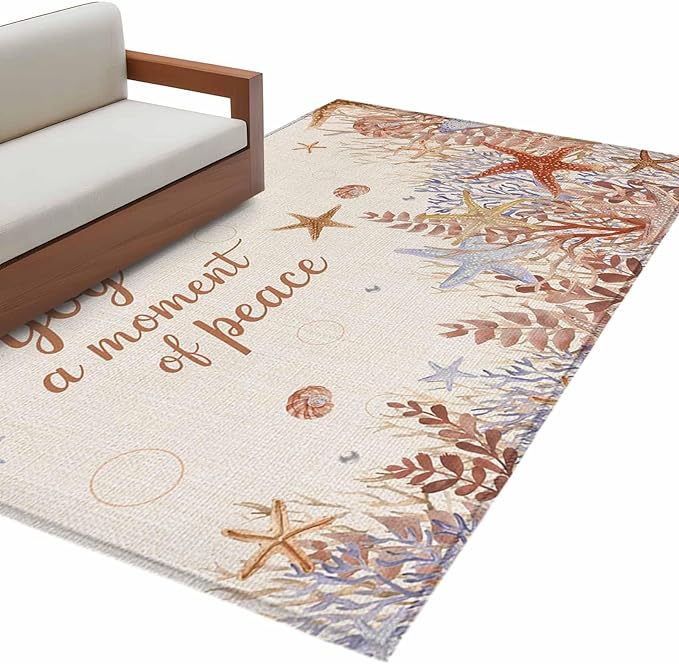 Area Rug 4x6ft, Orange Marine Starfish Coral Seaweed Washable Rugs for Living Room Bedroom, Peace Quote on Linen Soft Non-Slip Area Rugs Rectangle Floor Carpet for Dining Room