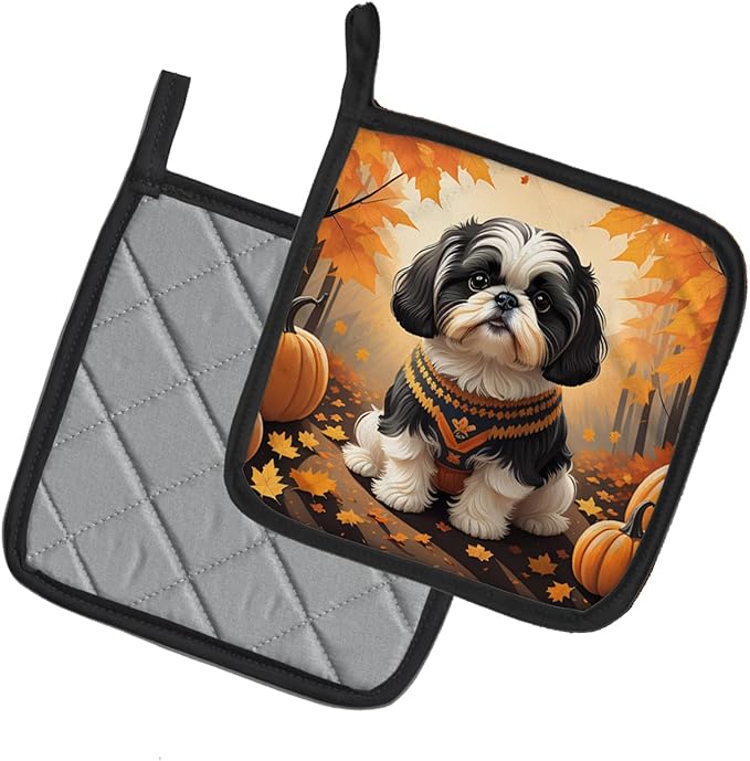Caroline's Treasures DAC1073PTHD Shih Tzu Fall Pair of Pot Holders Kitchen Heat Resistant Pot Holders Sets Oven Hot Pads for Cooking Baking BBQ, 7 1/2 x 7 1/2