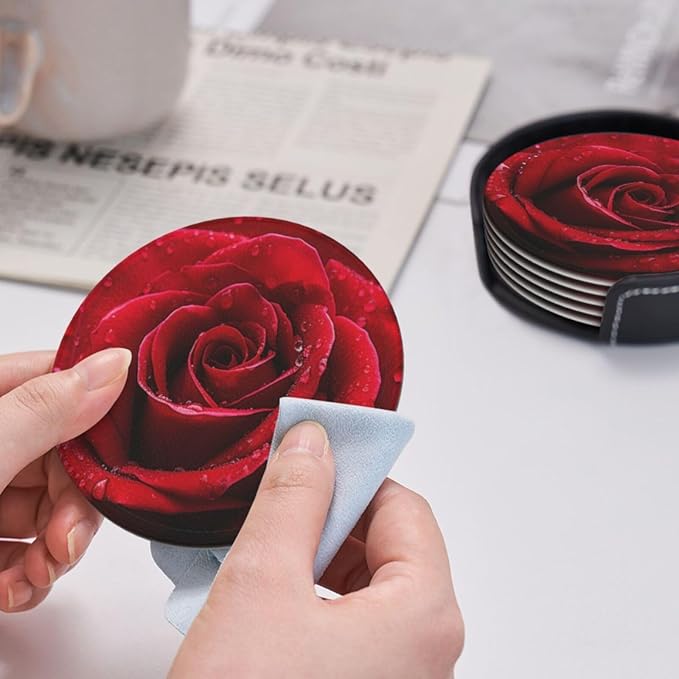 Famame 6 Pcs Bright Red Rose Leather Coasters for Drinks with Holder Coaster Sets Drink Table Cup Coasters for Living Room Kitchen Coffee Decor