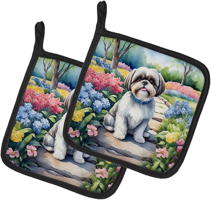 Caroline's Treasures Shih Tzu Spring Path Pair of Pot Holders Kitchen Heat Resistant Pot Holders Sets Oven Hot Pads for Cooking Baking BBQ, 7 1/2 x 7 1/2