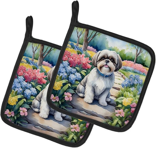 Caroline's Treasures Shih Tzu Spring Path Pair of Pot Holders Kitchen Heat Resistant Pot Holders Sets Oven Hot Pads for Cooking Baking BBQ, 7 1/2 x 7 1/2