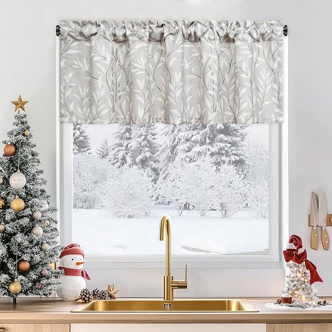 Leeva Leaves Printing Curtains Valances for Windows, Rod Pocket Valance for Kitchen Bedroom Living Room, 52 x 18 Inch, Grey