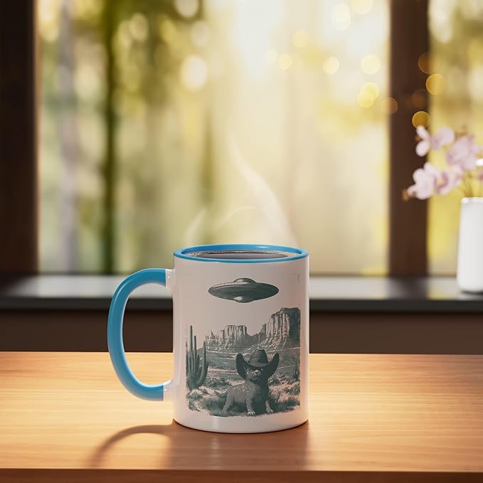 Desert Cat in Hat UFO Encounter Vintage Engraving Ceramic Mug, Blue/White