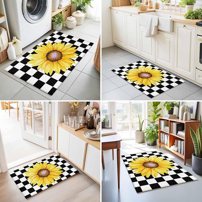Area Rug 2x3ft, Watercolor Sunflower on Checkered Washable Rugs for Living Room Bedroom, Yellow Black White Soft Non-Slip Area Rugs Rectangle Floor Carpet for Dining Room