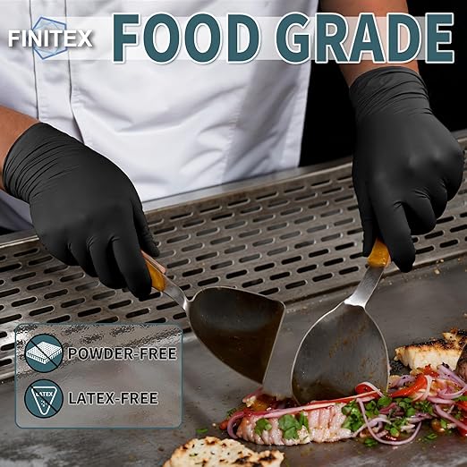 FINITEX - Black Nitrile Disposable Gloves, 5mil, Powder/Latex-Free, Medical Exam 100 PCS For Examination Home Cleaning Food Glove (X-Large)