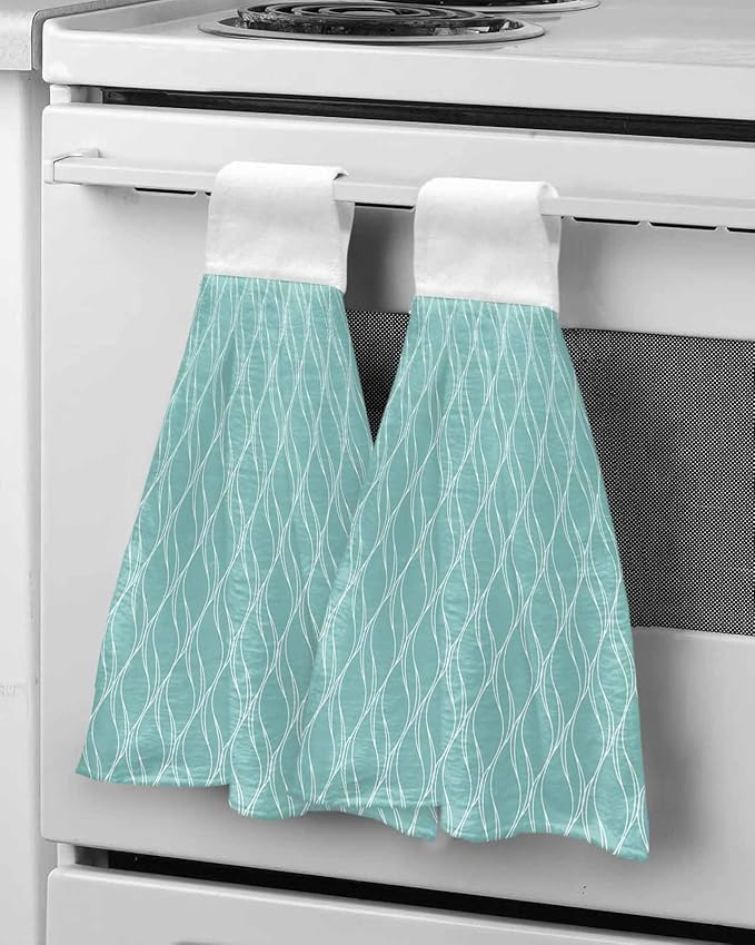 Alandar Home Kitchen Tie Towel Set of 1, White Wave Stripe on Teal Absorbent Soft Hand Towels for Bathroom Hanging Towels, Abstract Geometric Texture Fast Drying Cleaning Cloth with Loop