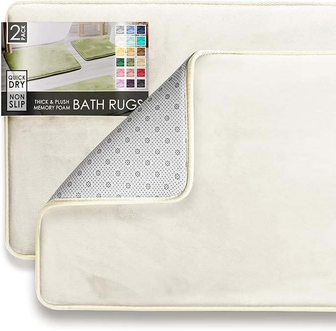 Clara Clark 2 Piece Bathroom Rugs Bath Mat Set, Velvet Memory Foam Bath Mats for Bathroom - Non-Slip, PVC Backing Bath Rugs, Washable - Dries Quickly, White