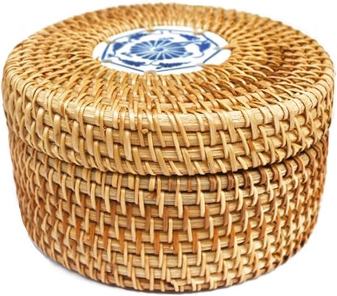Rattan Box with Lid: Blue-and-White Porcelain Decorative Rattan Storage Box, Hand-Woven Wicker Storage Basket with Lid, for Sundries Tea Case Picnic Food Containers (Round 2, 5.51in*5.51in*2.95in)