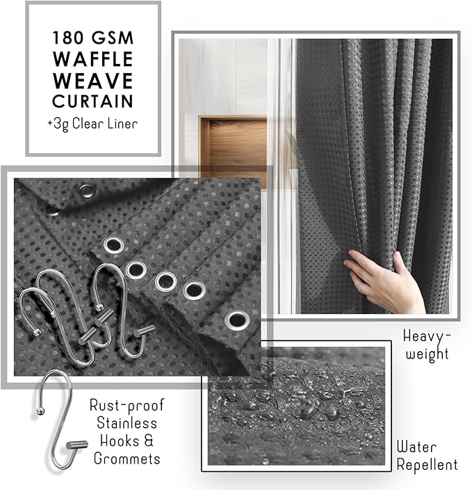 Clara Clark Bathroom Accessories Set - Bathroom Set, Bathroom Accessory Set, Shower Curtain Set, Toilet Brush, Trash Can & Soap Dispenser - Grey - 20PC