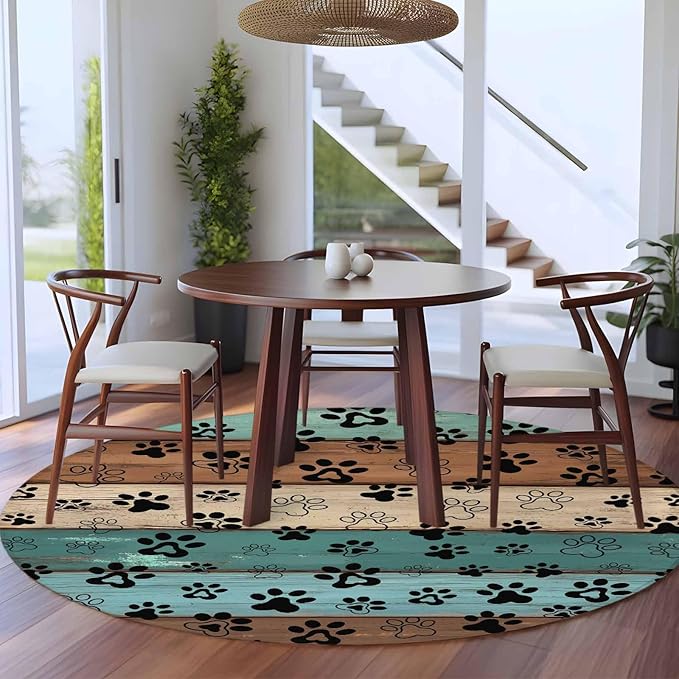 Washable Round Area Rug Farm Brown Wood Board Circle Rugs Floor Carpet for Living Room Bedroom, Dog Paw Print Animal Footprint Soft Non Slip Round Rug 5ft