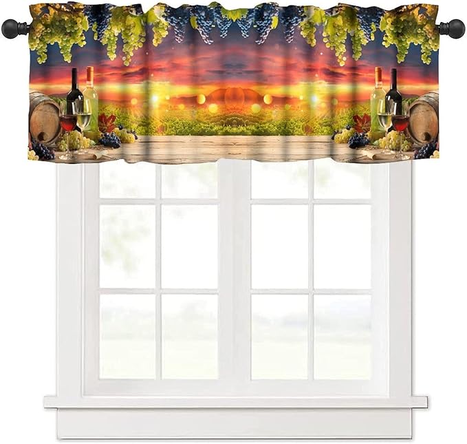 Vineyard Wine Kitchen Valance, Farm Country Sunset Grapes Barrels Window Drapes for Dining Outdoor Party Garden Home Decor, 54x18Inch