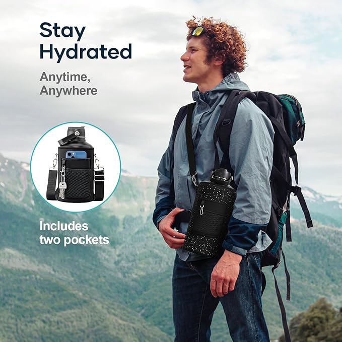 BUZIO 1 Gallon Water Jug with Straw Lid, 128oz Water Bottle Stainless Steel Triple Wall Hydro Jug 18/8 Food Grade Thermo Mug Keep Cold 48H & Hot 24H, Starry Day & Night